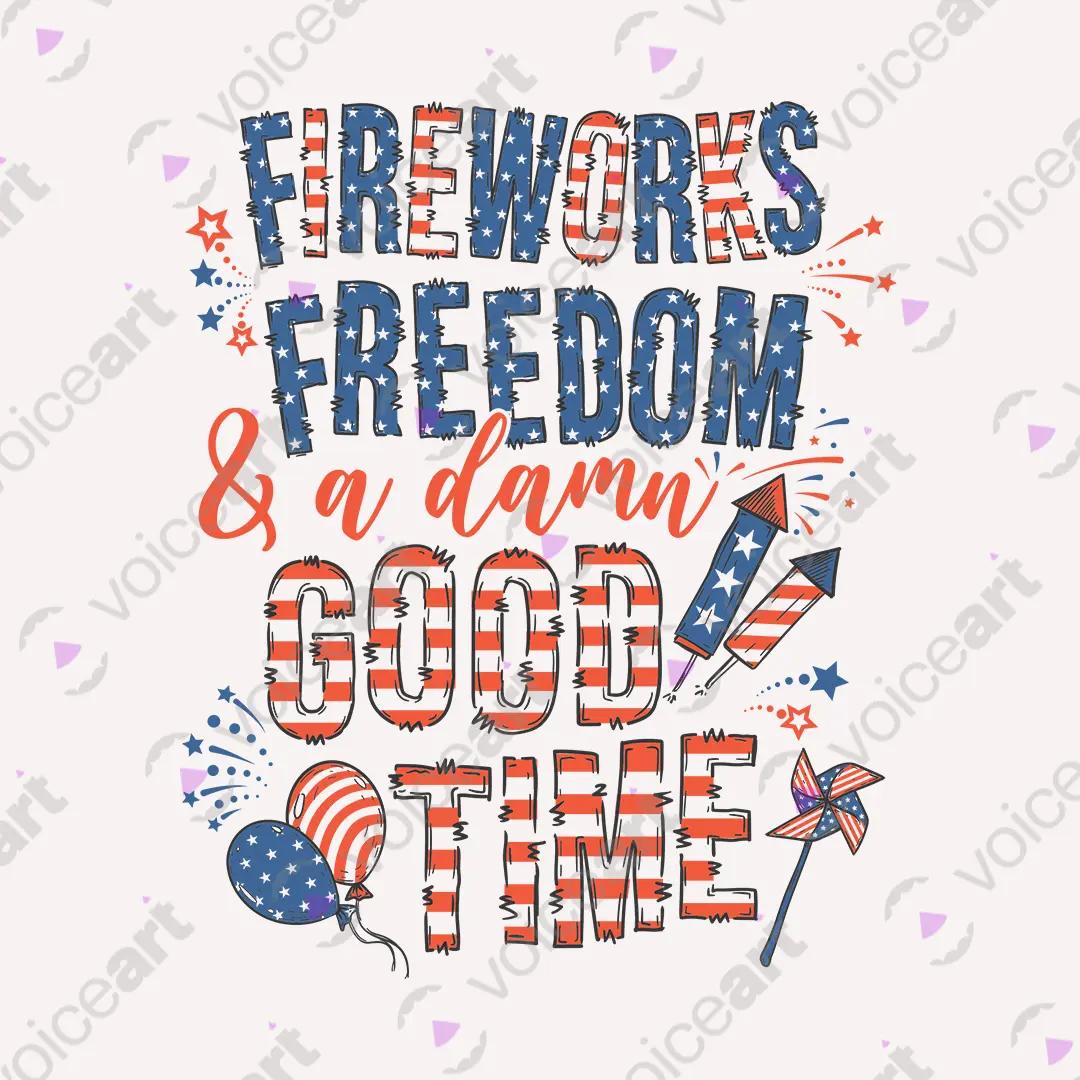 VOICEART White Watermark Fireworks Freedom and Good Time USA 4th of July Tee Short Sleeve T-Shirt for Men and Women