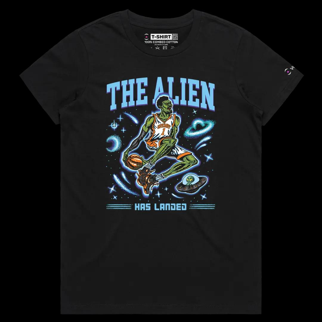 VOICEART Black Female Regular Wemby The Alien Sports Graphic Tee for Basketball Fans Short Cotton T-Shirt for Men and Women