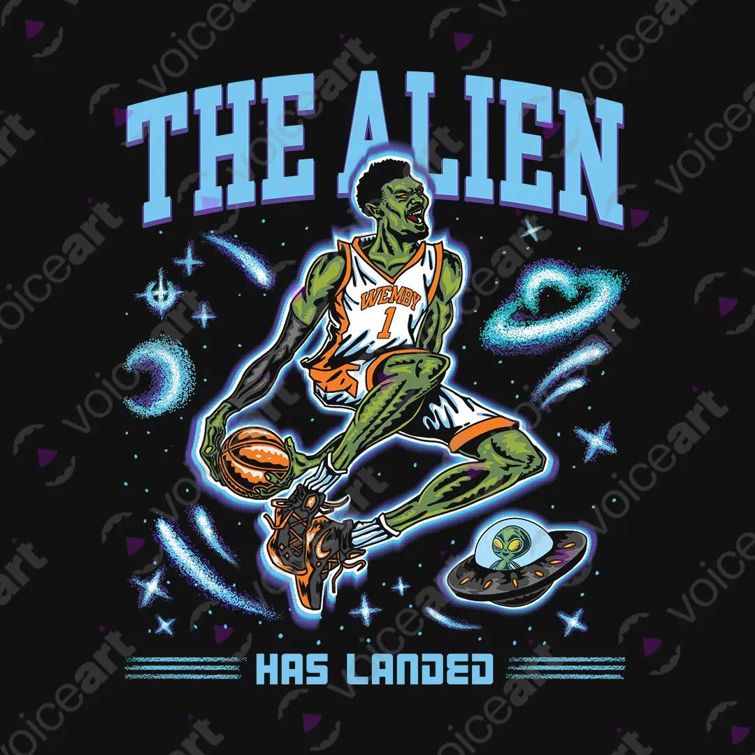 VOICEART Black Watermark Wemby The Alien Sports Graphic Tee for Basketball Fans Short Cotton T-Shirt for Men and Women