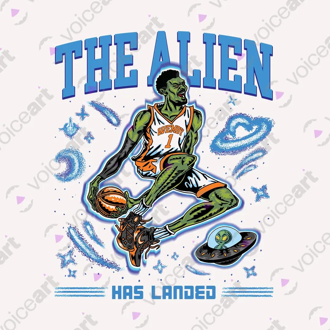 VOICEART White Watermark Wemby The Alien Sports Graphic Tee for Basketball Fans Short Cotton T-Shirt for Men and Women