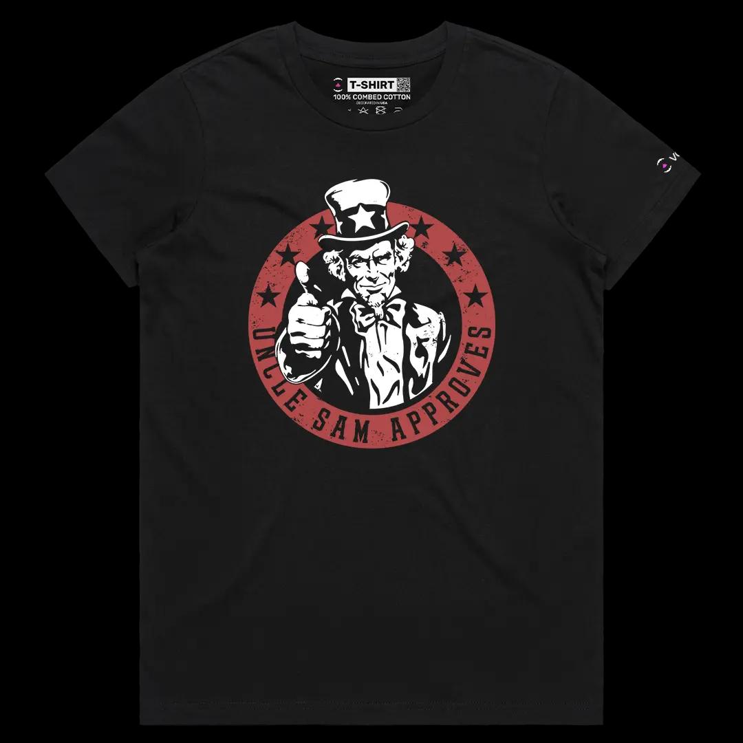 VOICEART Black Female Regular Uncle Sam Approves Independence Day American Graphic Tee Short Sleeve T-Shirt for Men and Women
