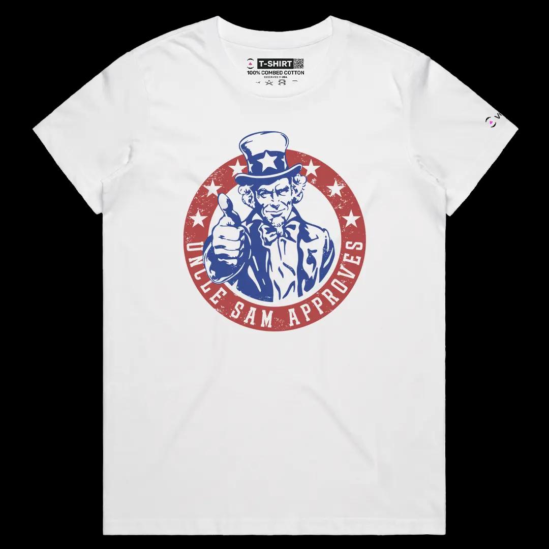 VOICEART White Female Regular Uncle Sam Approves Independence Day American Graphic Tee Short Sleeve T-Shirt for Men and Women