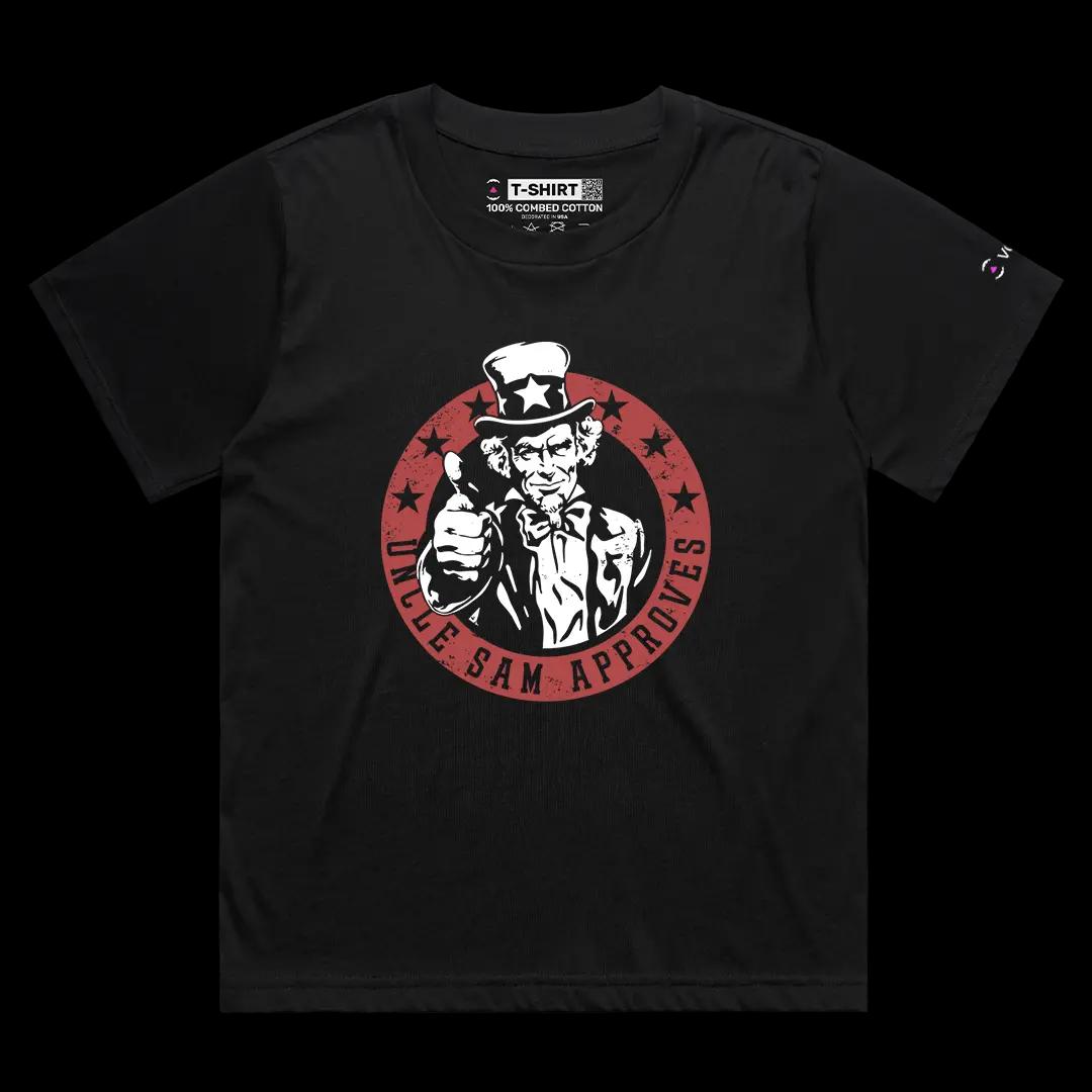 VOICEART Black Female Loose Uncle Sam Approves Independence Day American Graphic Tee Short Sleeve T-Shirt for Men and Women