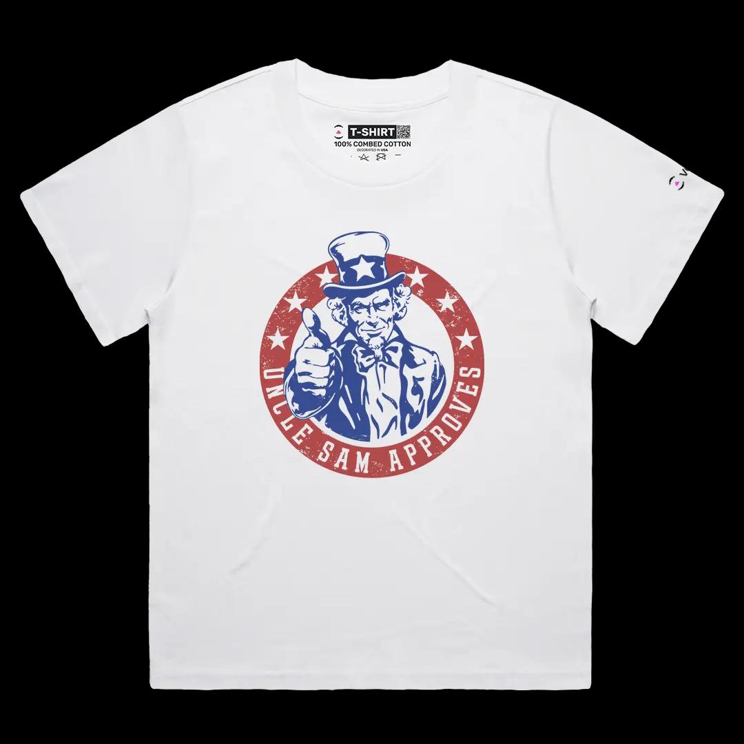 VOICEART White Female Loose Uncle Sam Approves Independence Day American Graphic Tee Short Sleeve T-Shirt for Men and Women