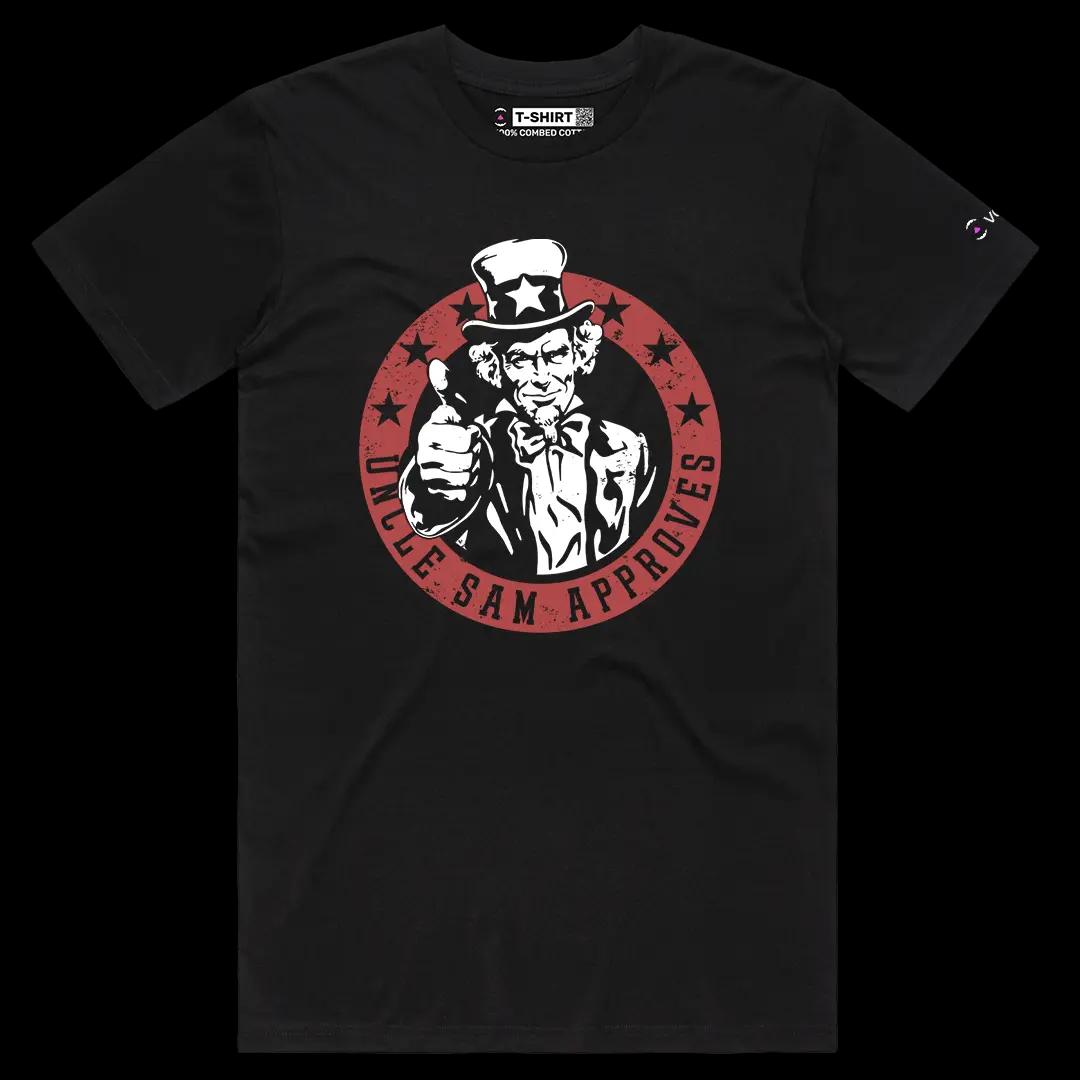 VOICEART Black Male Regular Uncle Sam Approves Independence Day American Graphic Tee Short Sleeve T-Shirt for Men and Women