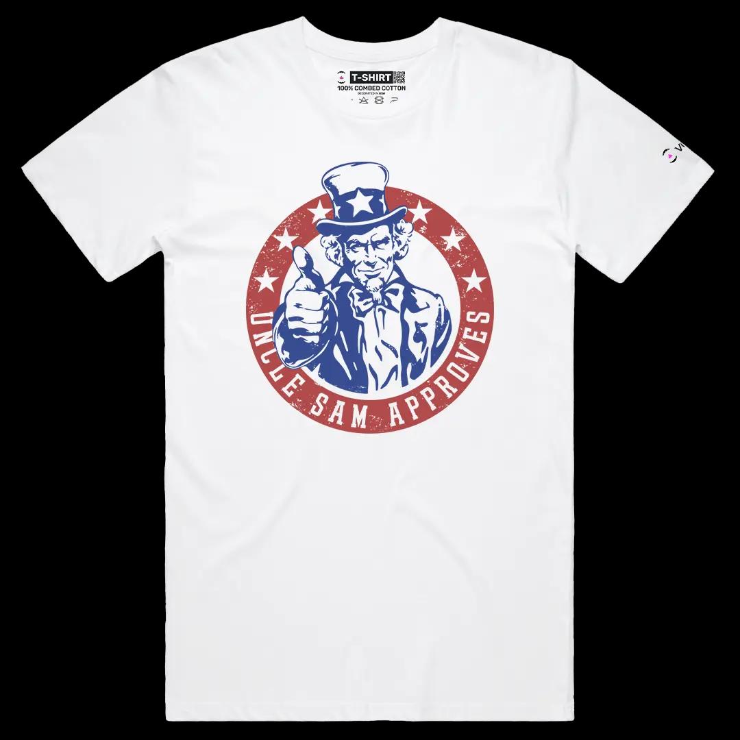 VOICEART White Male Regular Uncle Sam Approves Independence Day American Graphic Tee Short Sleeve T-Shirt for Men and Women