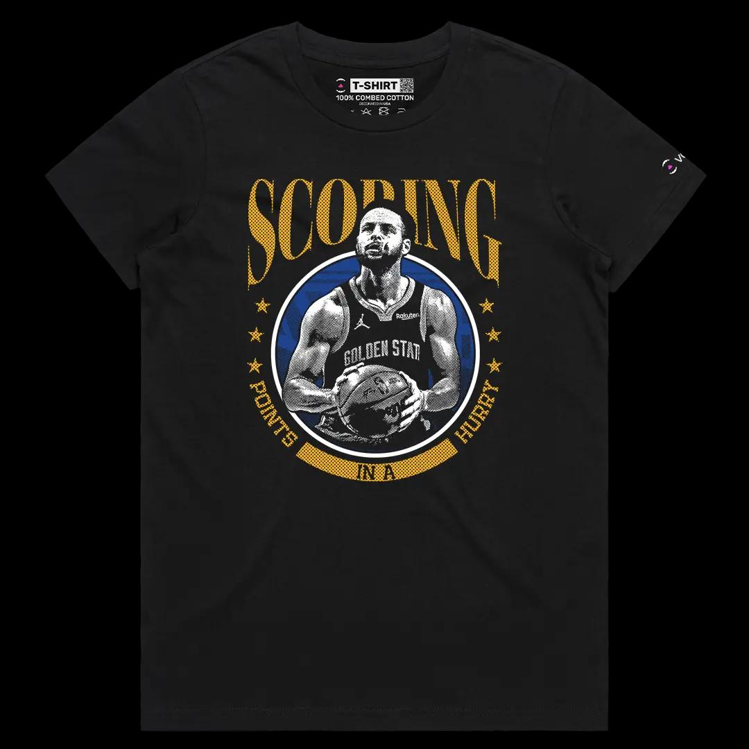 VOICEART Black Female Regular Curry Scoring in Hurry Sports Graphic Tee Basketball Fans Short Cotton Shirt Men and Women