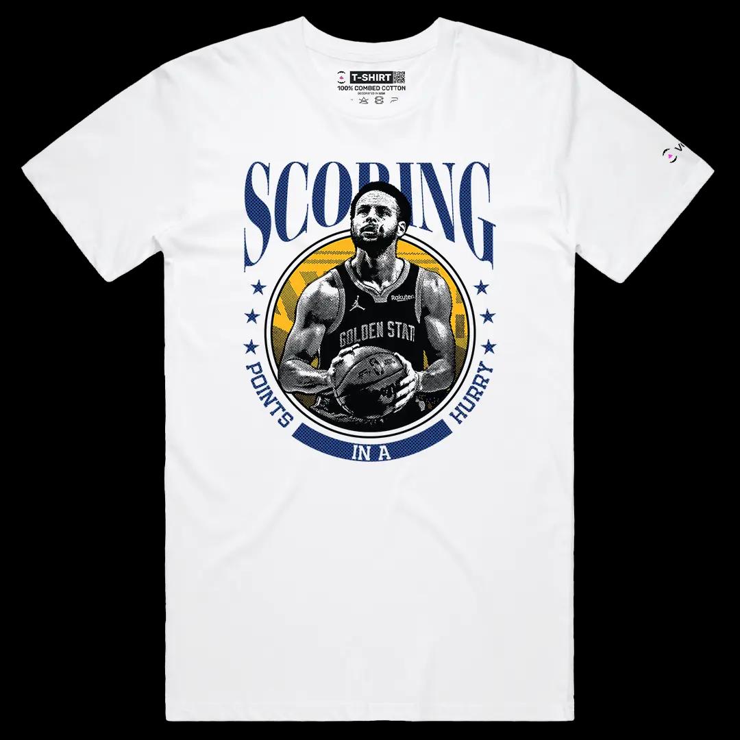VOICEART White Male Regular Curry Scoring in Hurry Sports Graphic Tee Basketball Fans Short Cotton Shirt Men and Women