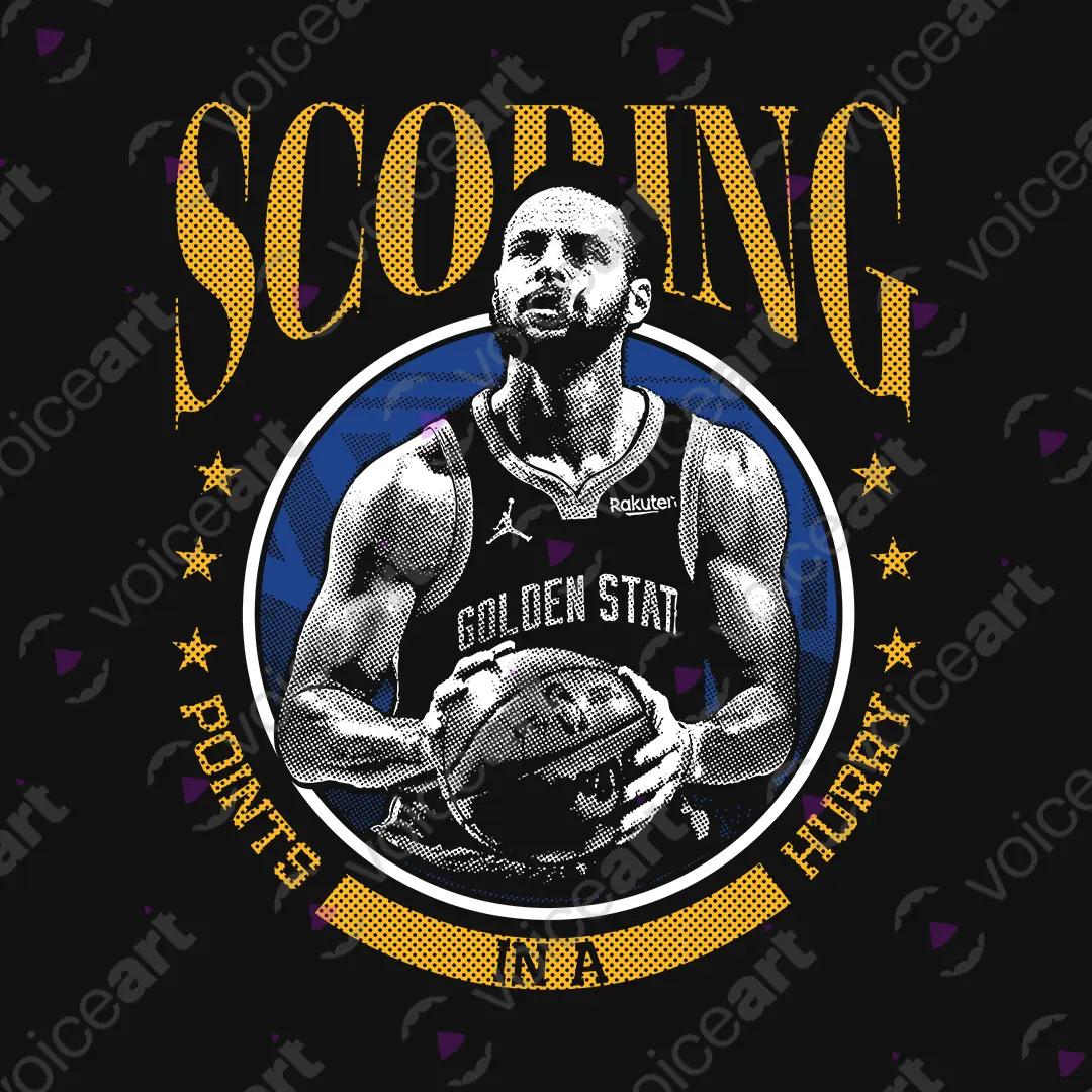 VOICEART Black Watermark Curry Scoring in Hurry Sports Graphic Tee Basketball Fans Short Cotton Shirt Men and Women