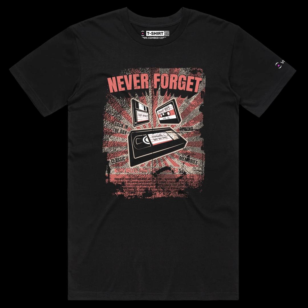 VOICEART Black Male Regular VHS Tape Floppy and Cassette Vintage Graphic Tee Short Cotton Retro T-Shirt for Men and Women