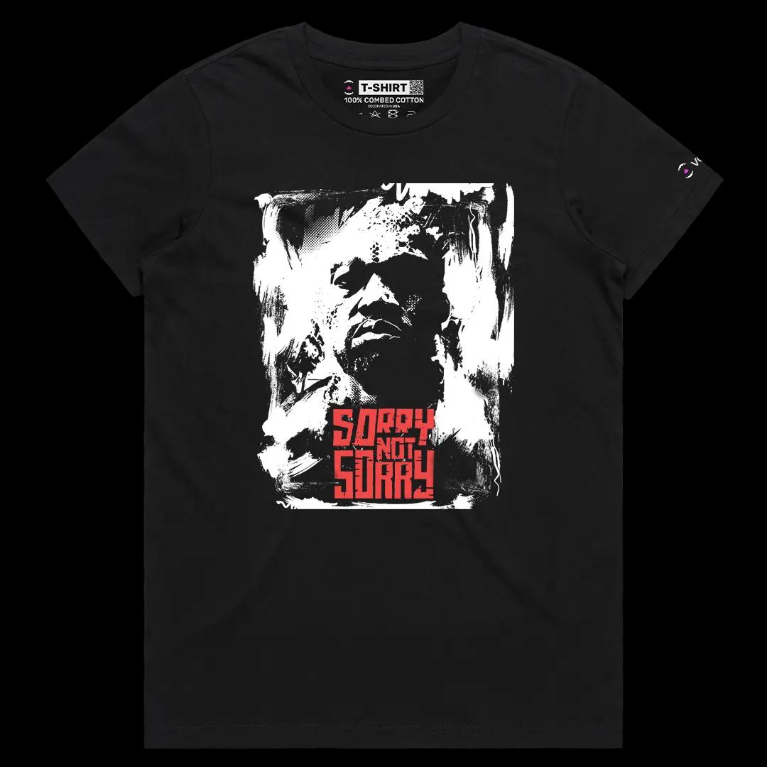 VOICEART Black Female Regular Kanye Sorry Not Sorry Quote Graphic Tee for Rap Fans Short Cotton T-Shirt for Men and Women