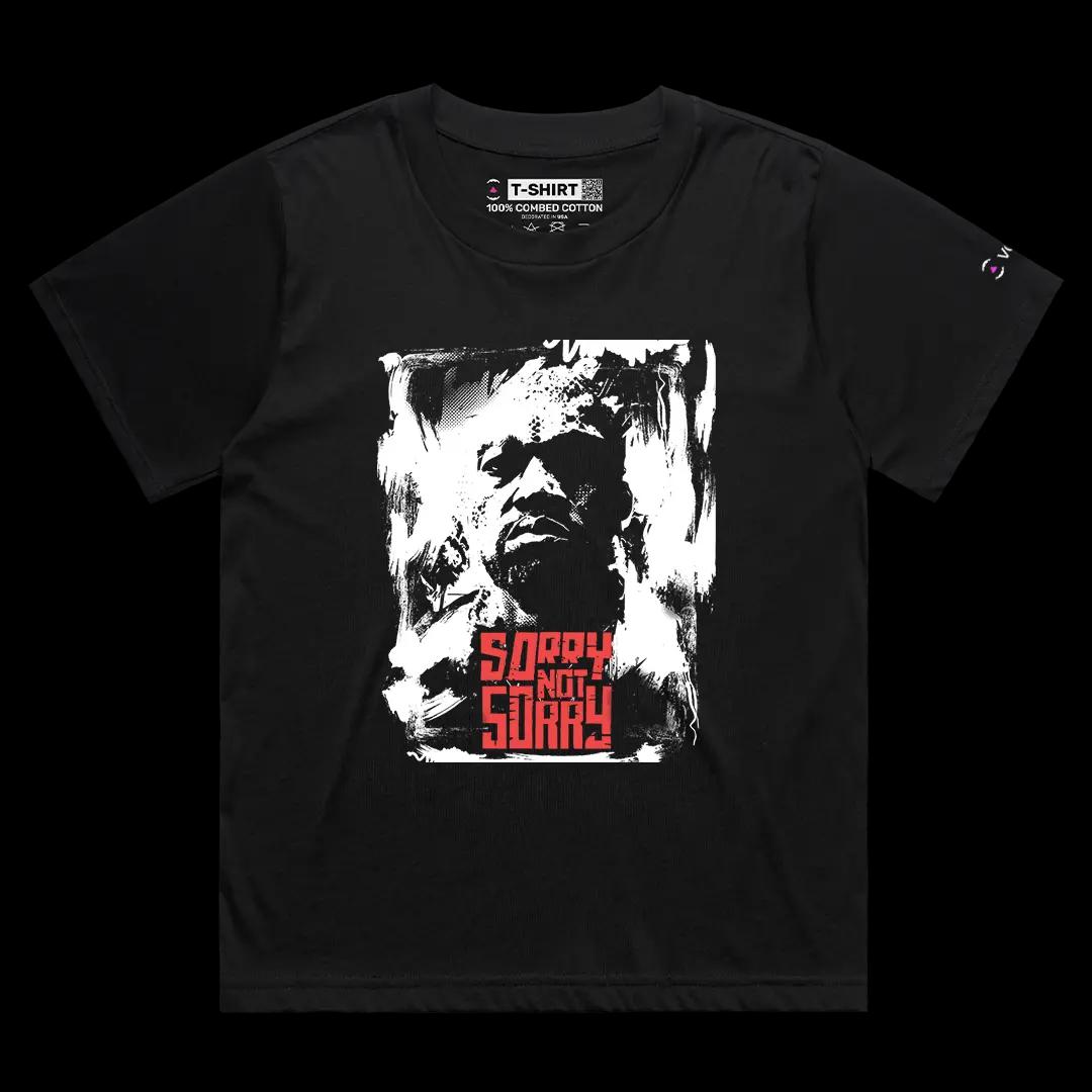 VOICEART Black Female Loose Kanye Sorry Not Sorry Quote Graphic Tee for Rap Fans Short Cotton T-Shirt for Men and Women