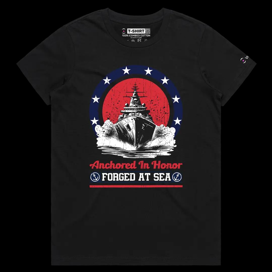 VOICEART Black Female Regular Forged at Sea Patriotic Graphic Tee for USA Holidays Short Sleeve T-Shirt for Men and Women