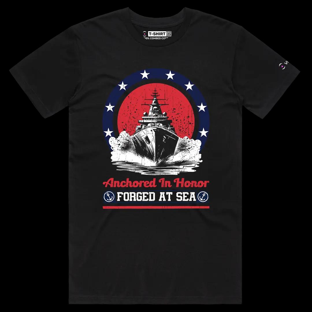 VOICEART Black Male Regular Forged at Sea Patriotic Graphic Tee for USA Holidays Short Sleeve T-Shirt for Men and Women