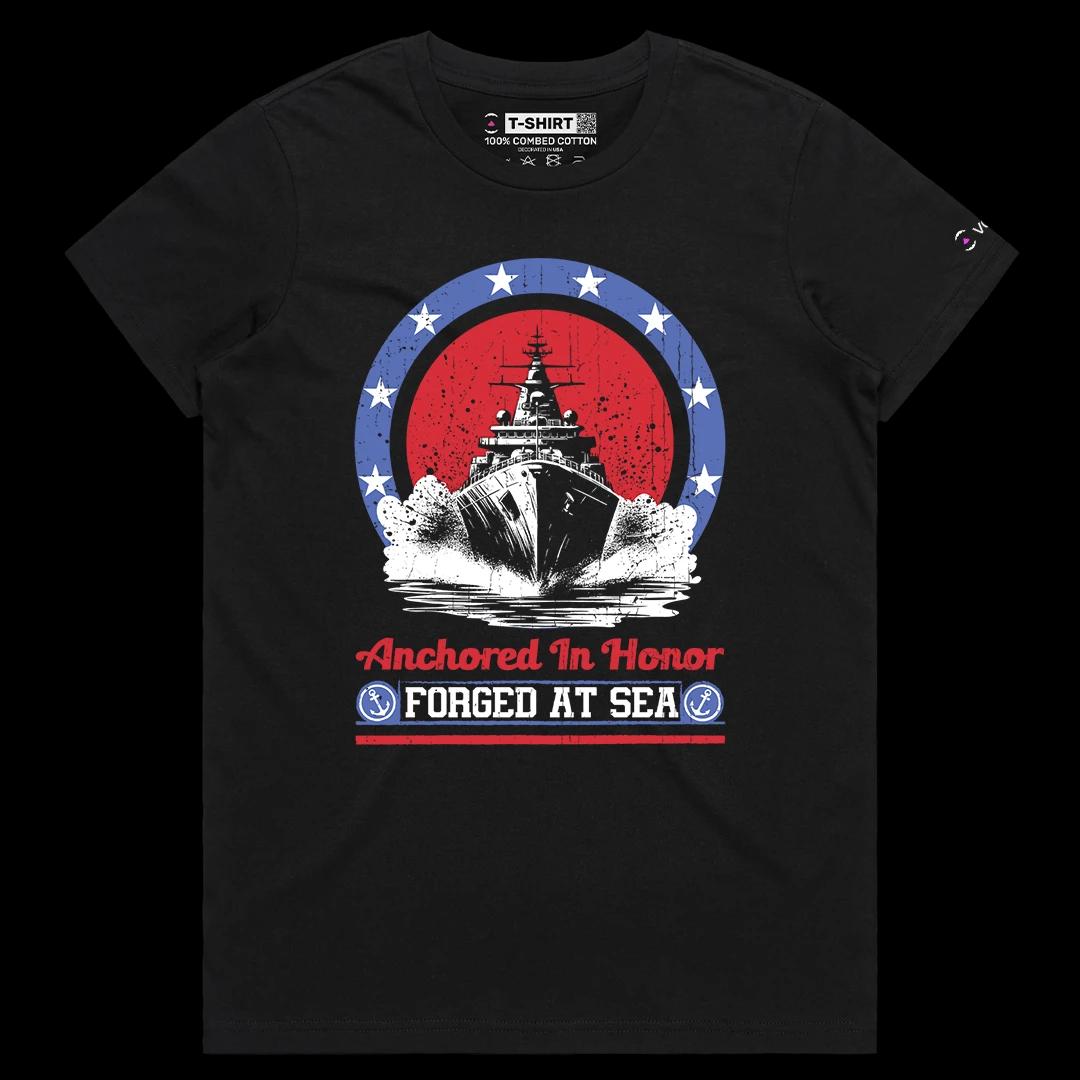VOICEART Black Female Regular Forged at Sea Patriotic Graphic Tee for USA Holidays Short Sleeve T-Shirt for Men and Women