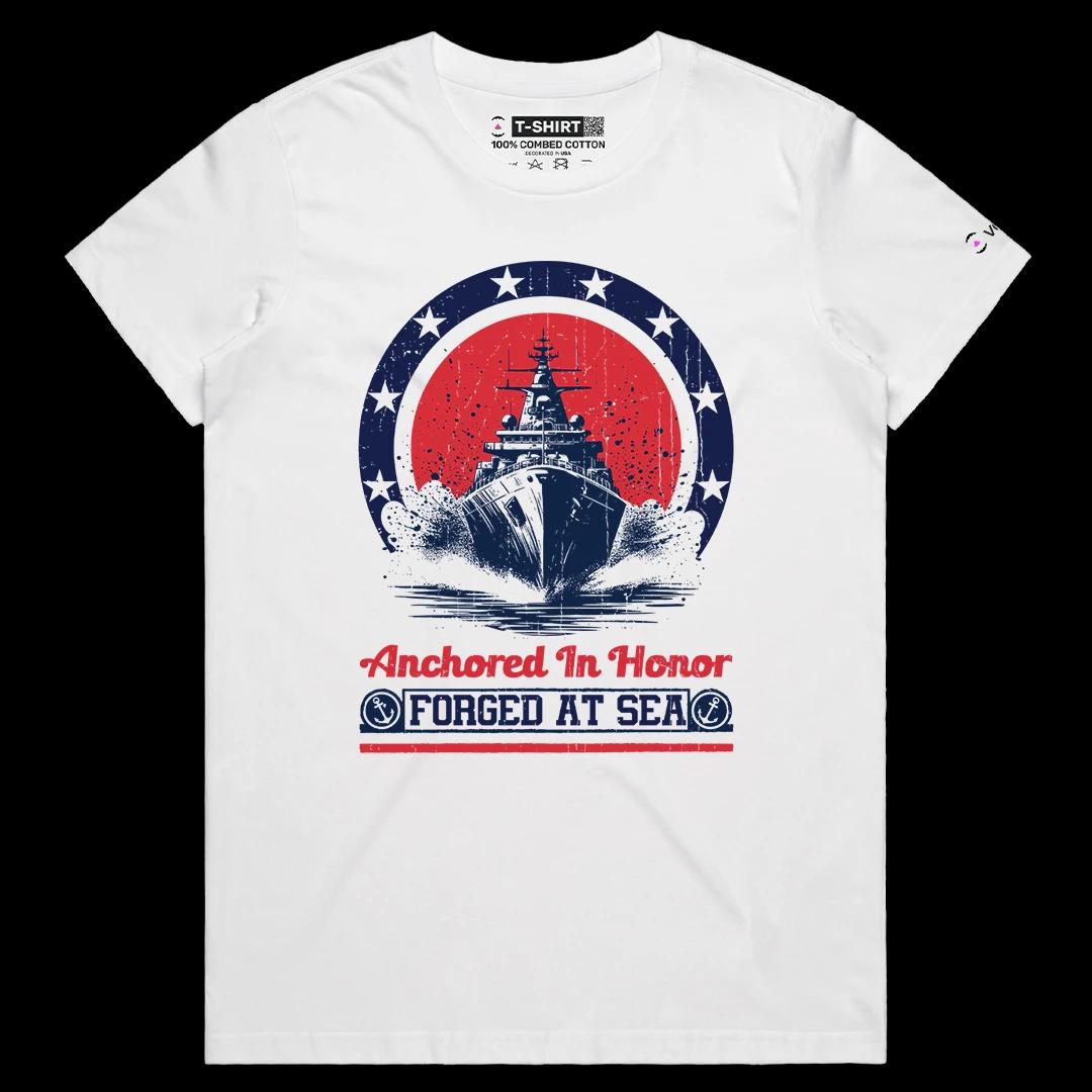 VOICEART White Female Regular Forged at Sea Patriotic Graphic Tee for USA Holidays Short Sleeve T-Shirt for Men and Women