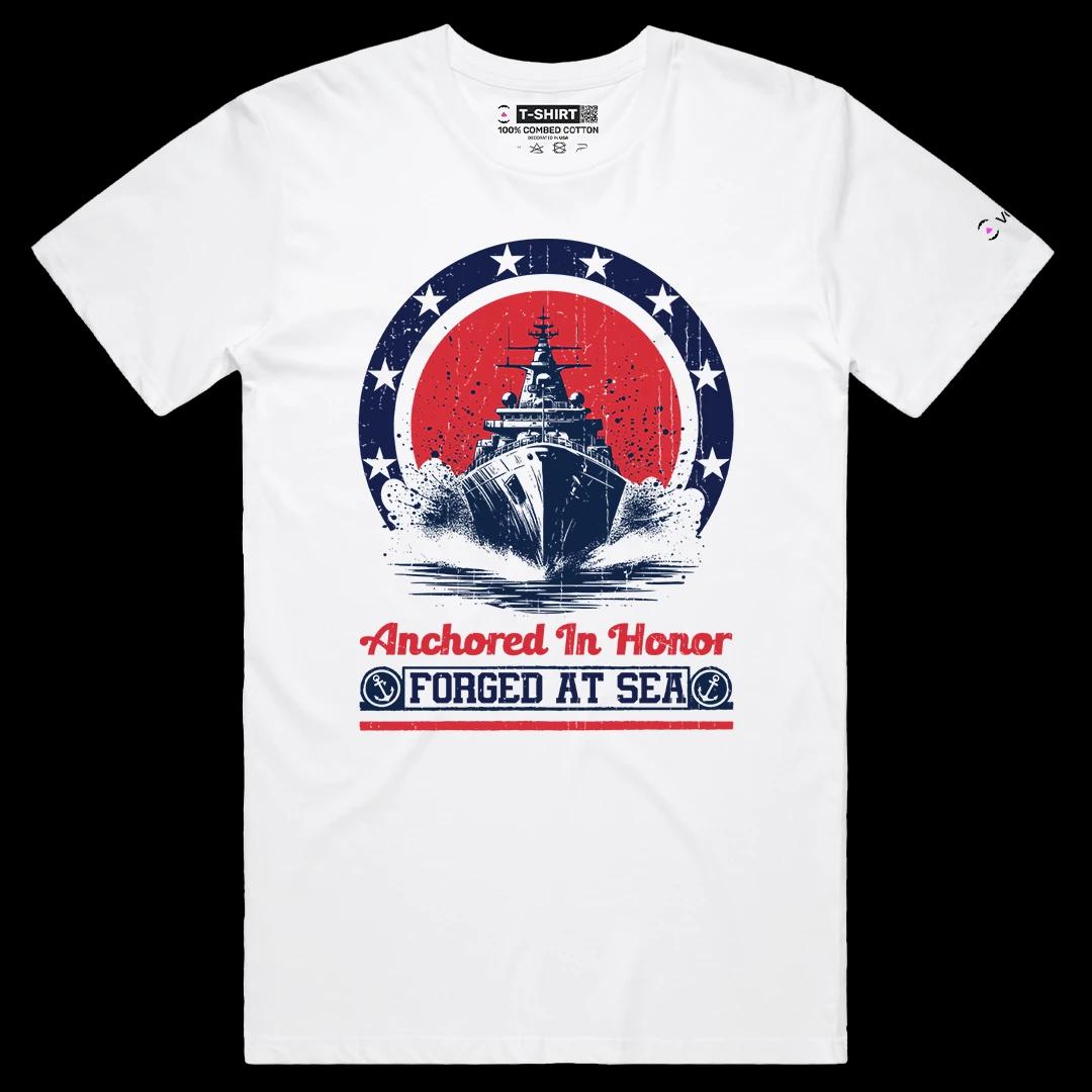 VOICEART White Male Regular Forged at Sea Patriotic Graphic Tee for USA Holidays Short Sleeve T-Shirt for Men and Women