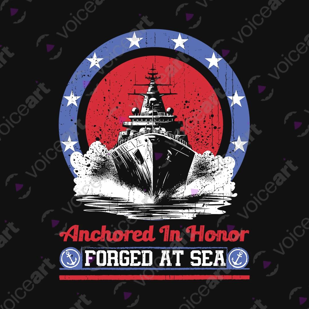 VOICEART Black Watermark Forged at Sea Patriotic Graphic Tee for USA Holidays Short Sleeve T-Shirt for Men and Women