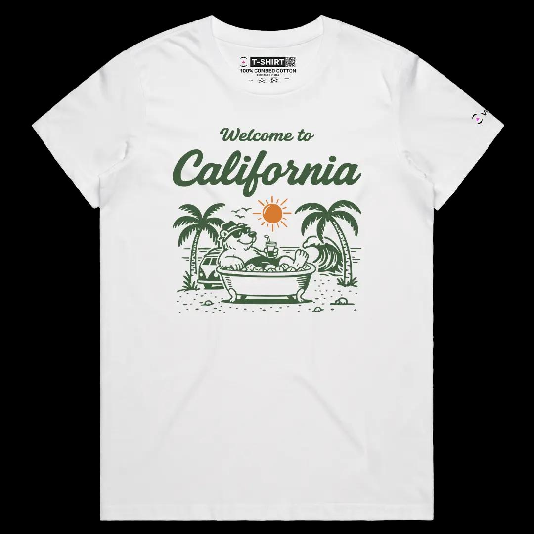 VOICEART White Female Regular Welcome to California Graphic Tee Sun Soaking Relaxing Bear Short Sleeve Cotton T-Shirt