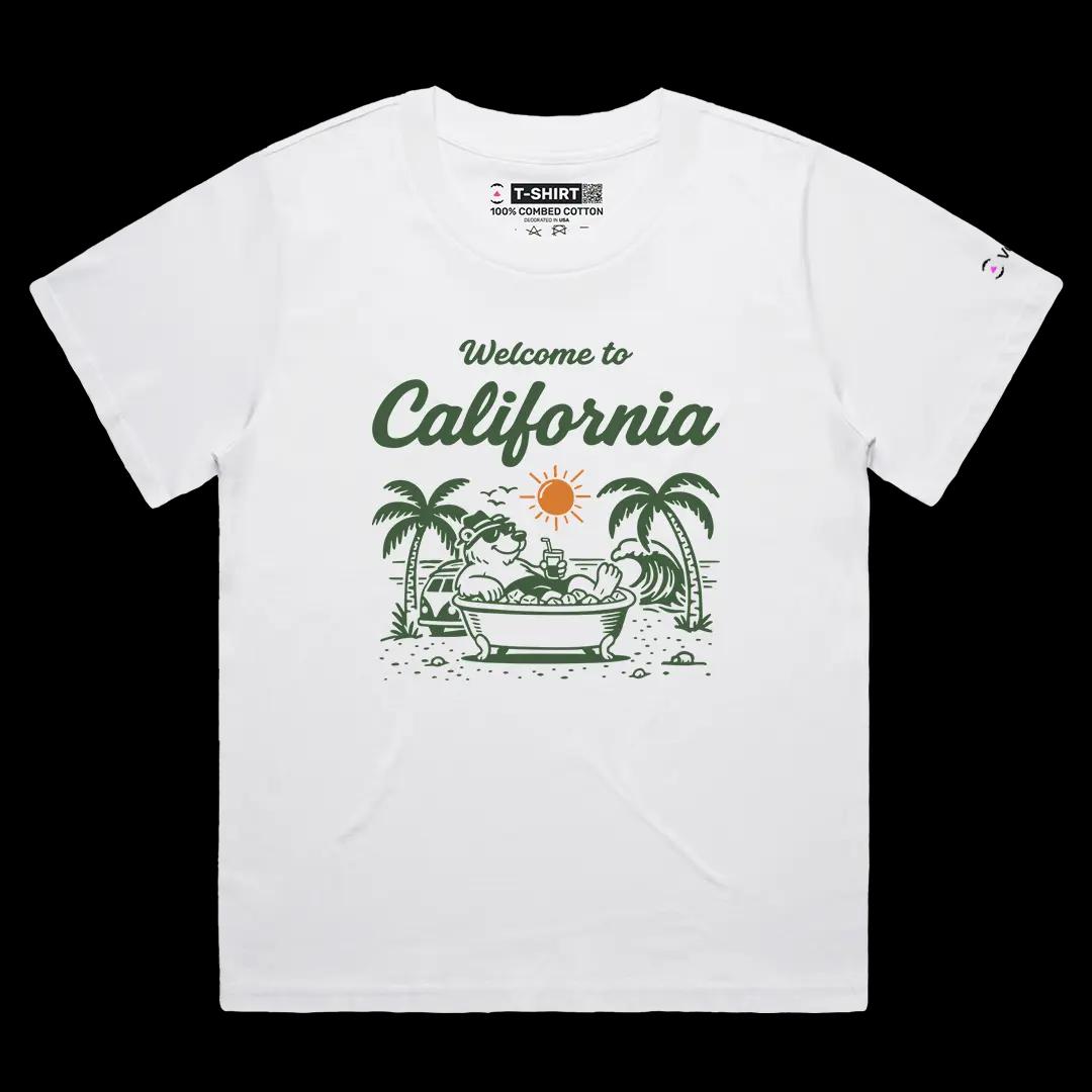 VOICEART White Female Loose Welcome to California Graphic Tee Sun Soaking Relaxing Bear Short Sleeve Cotton T-Shirt
