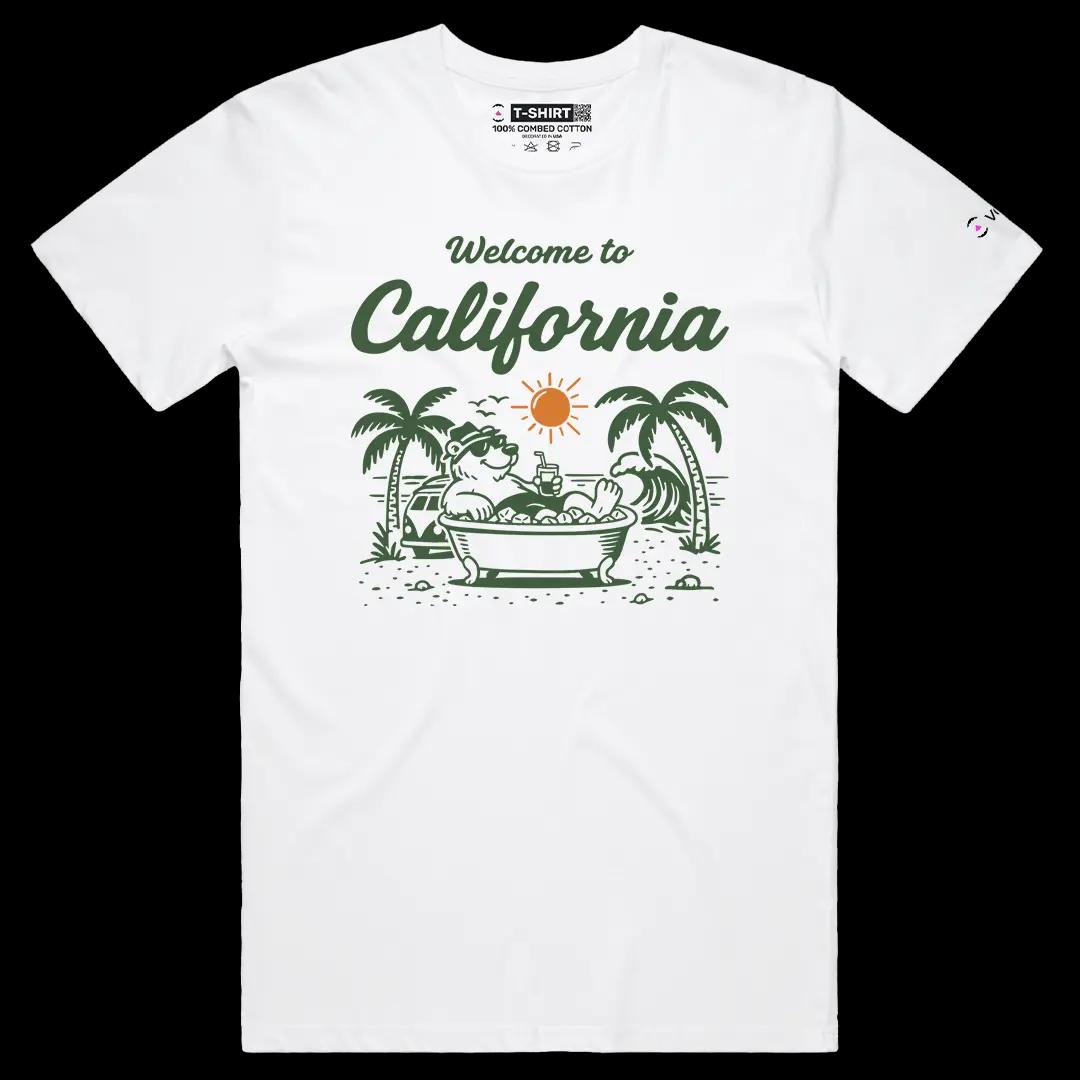 VOICEART White Male Regular Welcome to California Graphic Tee Sun Soaking Relaxing Bear Short Sleeve Cotton T-Shirt