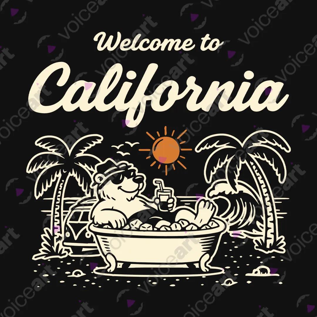 VOICEART Black Watermark Welcome to California Graphic Tee Sun Soaking Relaxing Bear Short Sleeve Cotton T-Shirt