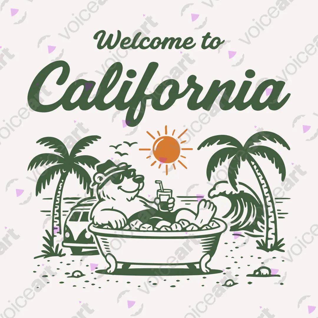 VOICEART White Watermark Welcome to California Graphic Tee Sun Soaking Relaxing Bear Short Sleeve Cotton T-Shirt