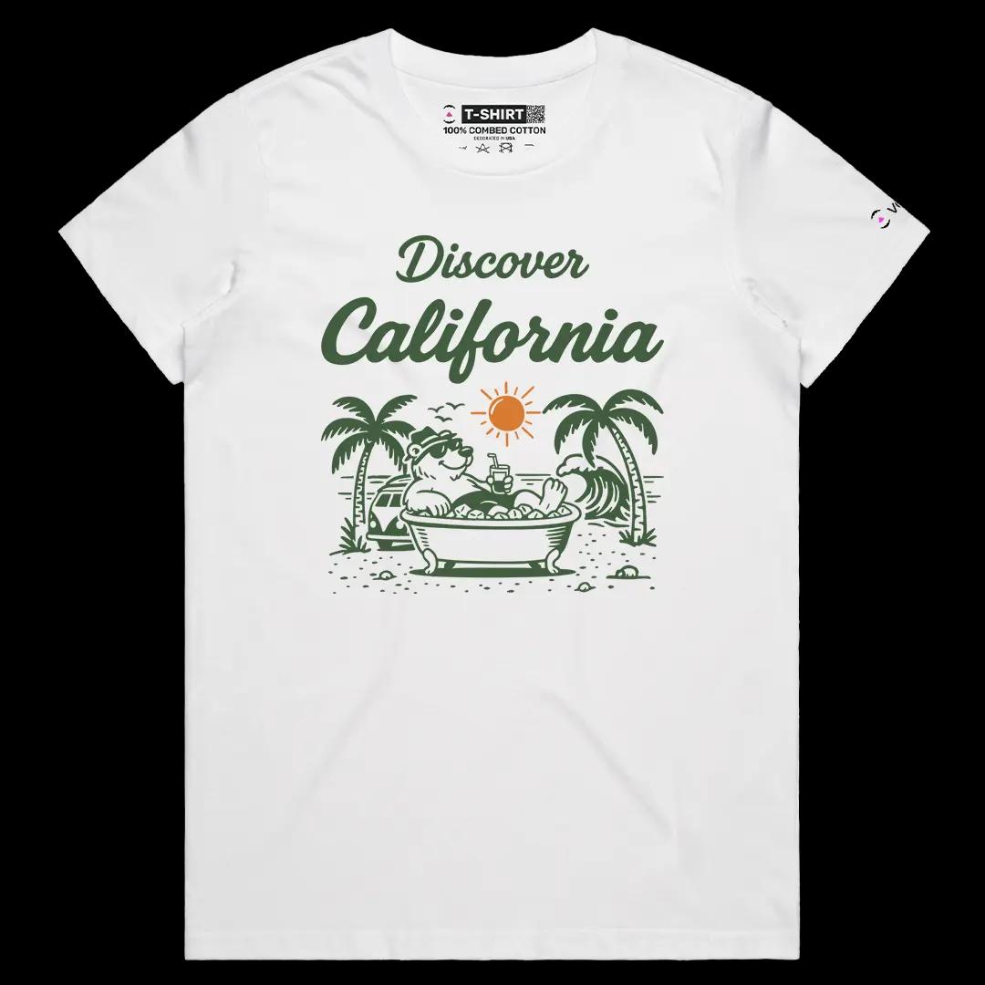 VOICEART White Female Regular California Graphic Tee With Sun Soaking Relaxing Bear Short Cotton T-Shirt for Men and Women