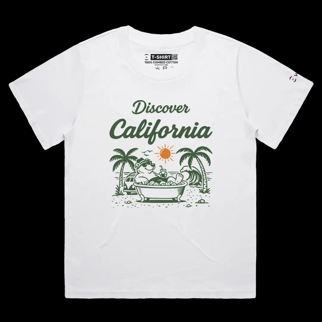 VOICEART White Female Loose California Graphic Tee With Sun Soaking Relaxing Bear Short Cotton T-Shirt for Men and Women