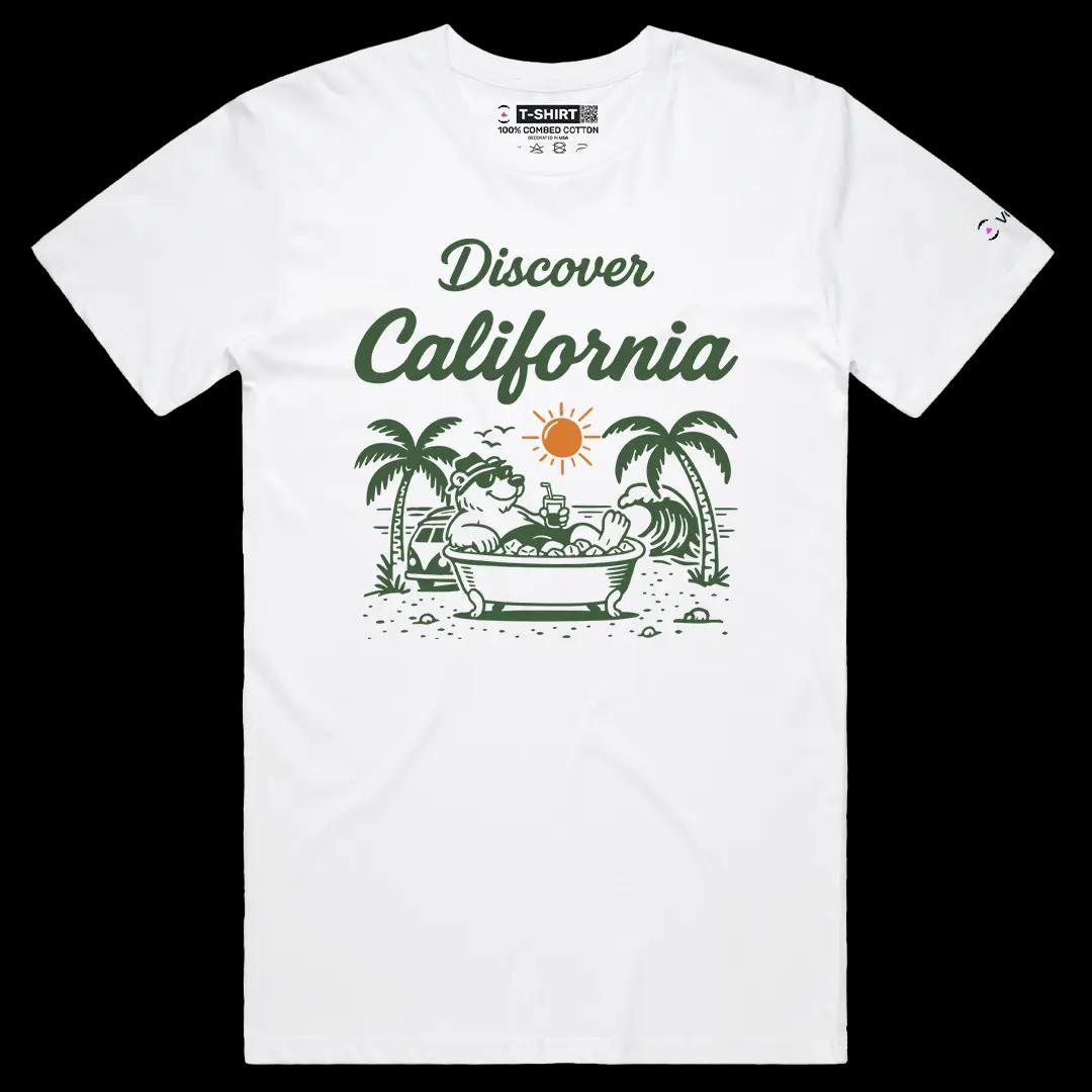 VOICEART White Male Regular California Graphic Tee With Sun Soaking Relaxing Bear Short Cotton T-Shirt for Men and Women