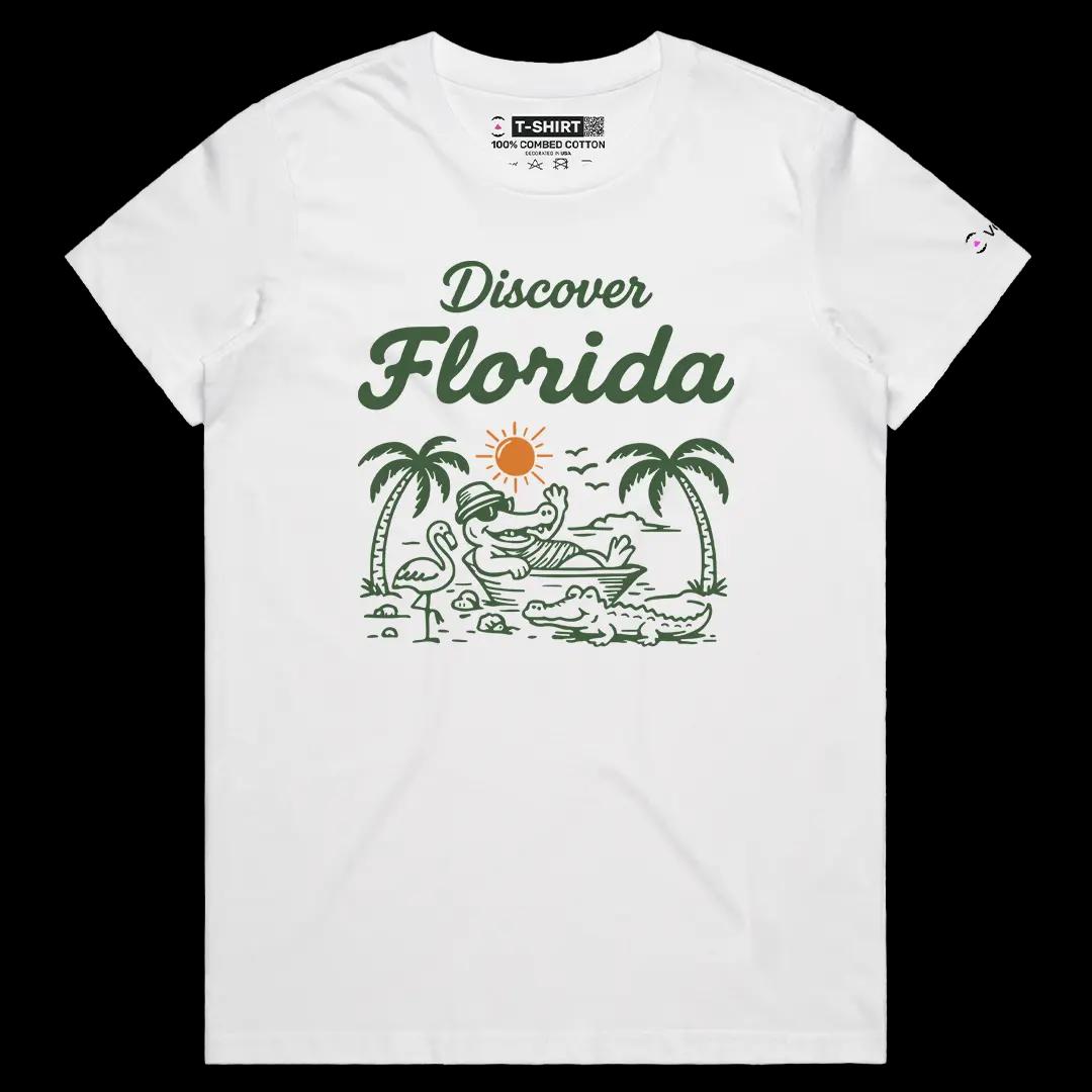VOICEART White Female Regular Florida Croc on the Beach Funny Graphic USA States Tee Short Cotton T-Shirt for Men and Women