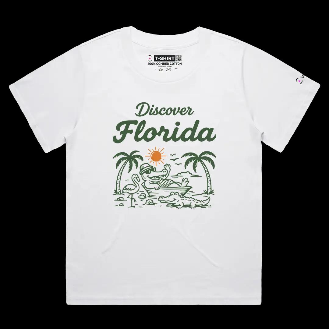 VOICEART White Female Loose Florida Croc on the Beach Funny Graphic USA States Tee Short Cotton T-Shirt for Men and Women