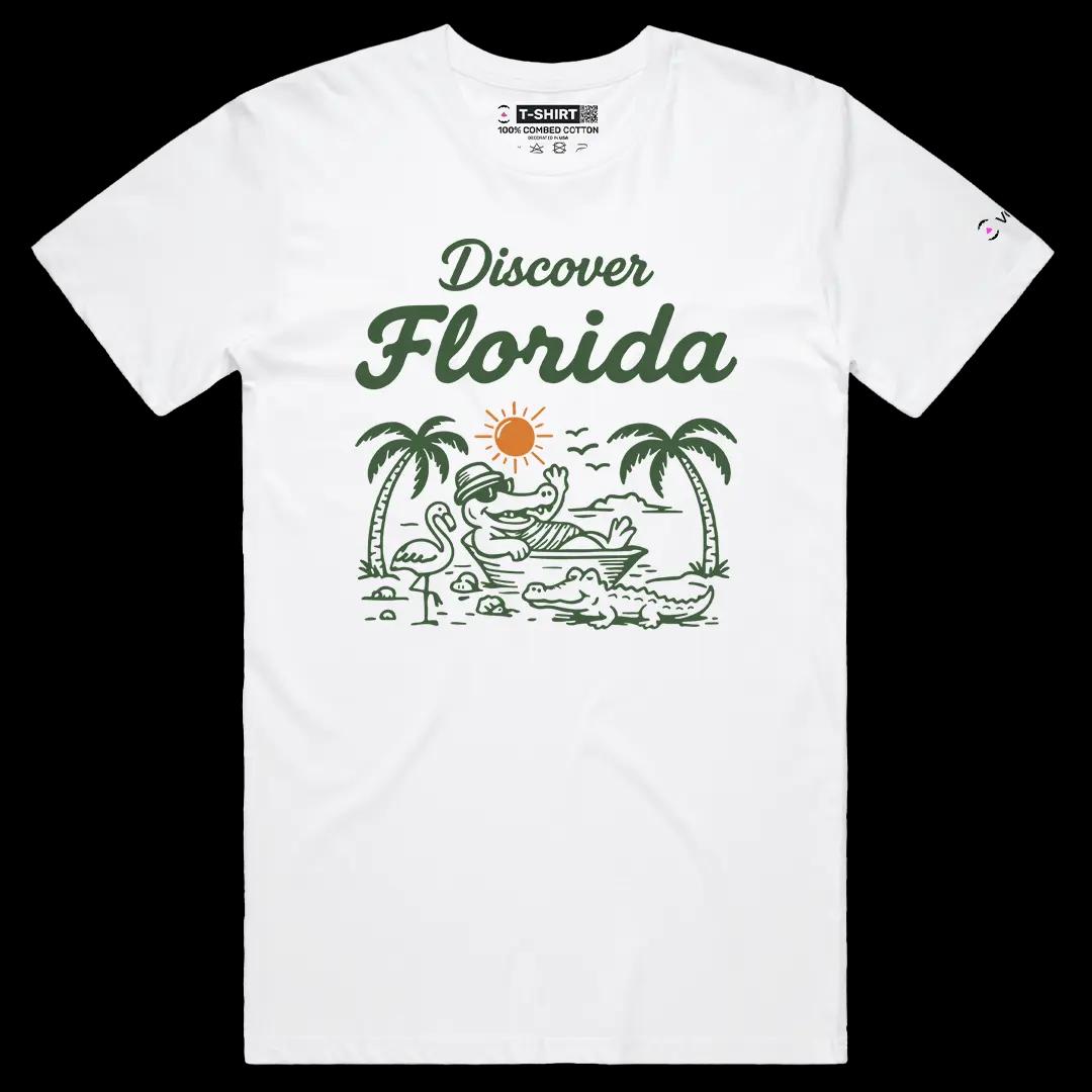VOICEART White Male Regular Florida Croc on the Beach Funny Graphic USA States Tee Short Cotton T-Shirt for Men and Women