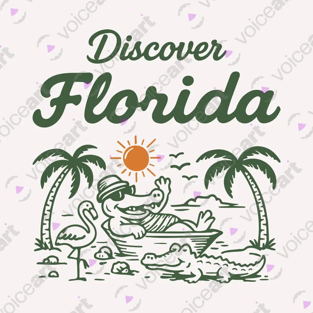 VOICEART White Watermark Florida Croc on the Beach Funny Graphic USA States Tee Short Cotton T-Shirt for Men and Women