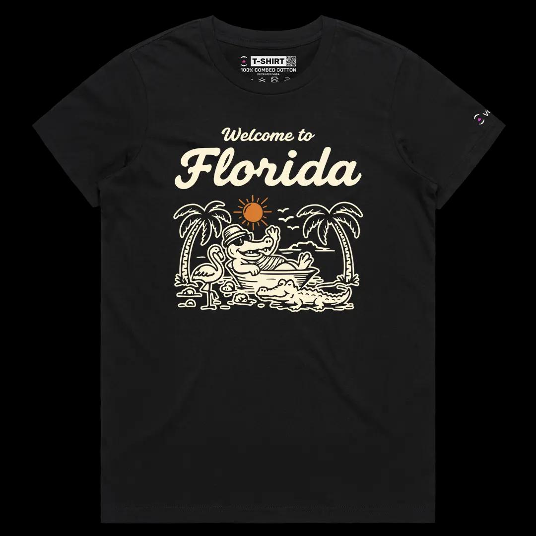 VOICEART Black Female Regular Florida Croc on the Beach Funny Graphic USA States Tee Short Cotton T-Shirt for Men and Women