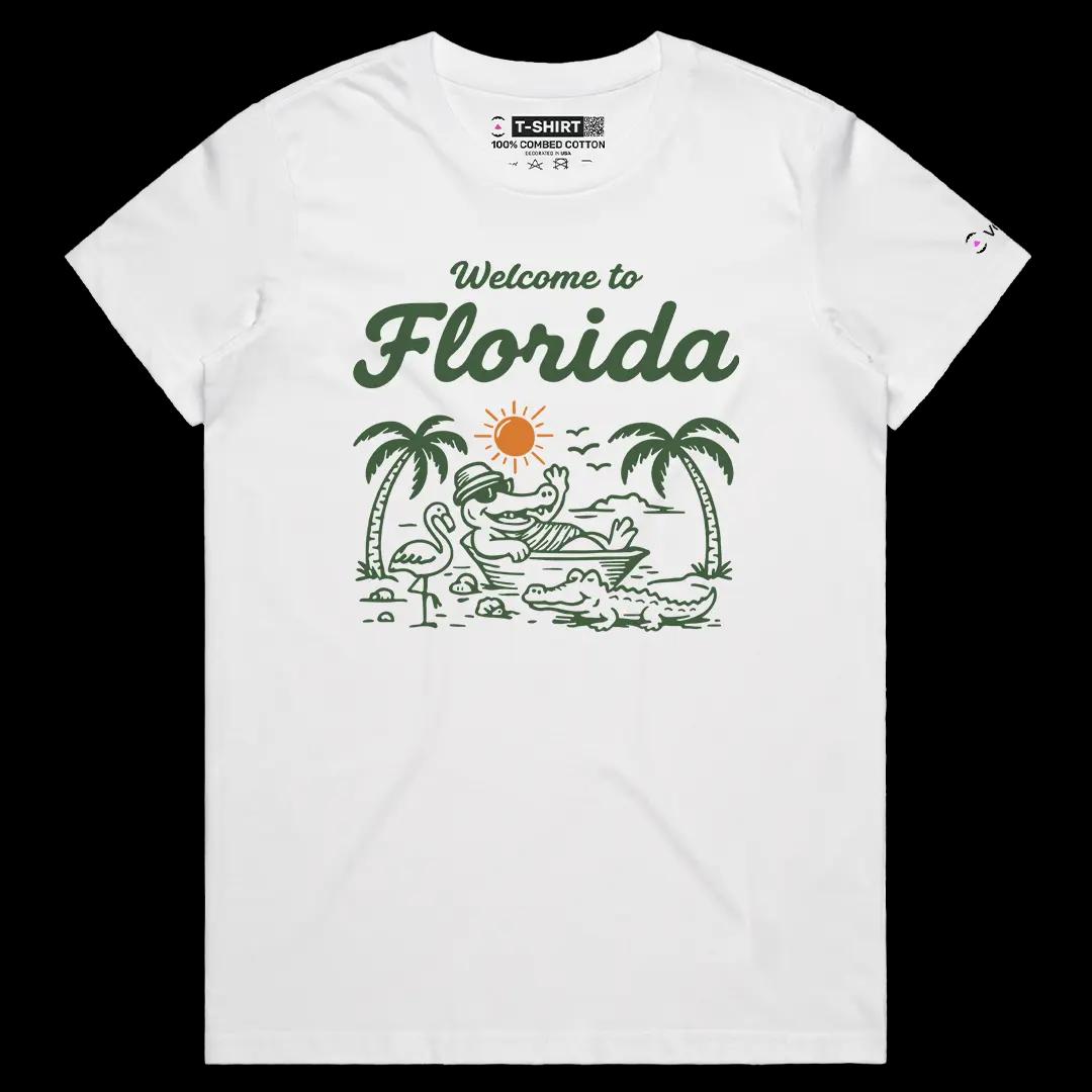 VOICEART White Female Regular Florida Croc on the Beach Funny Graphic USA States Tee Short Cotton T-Shirt for Men and Women