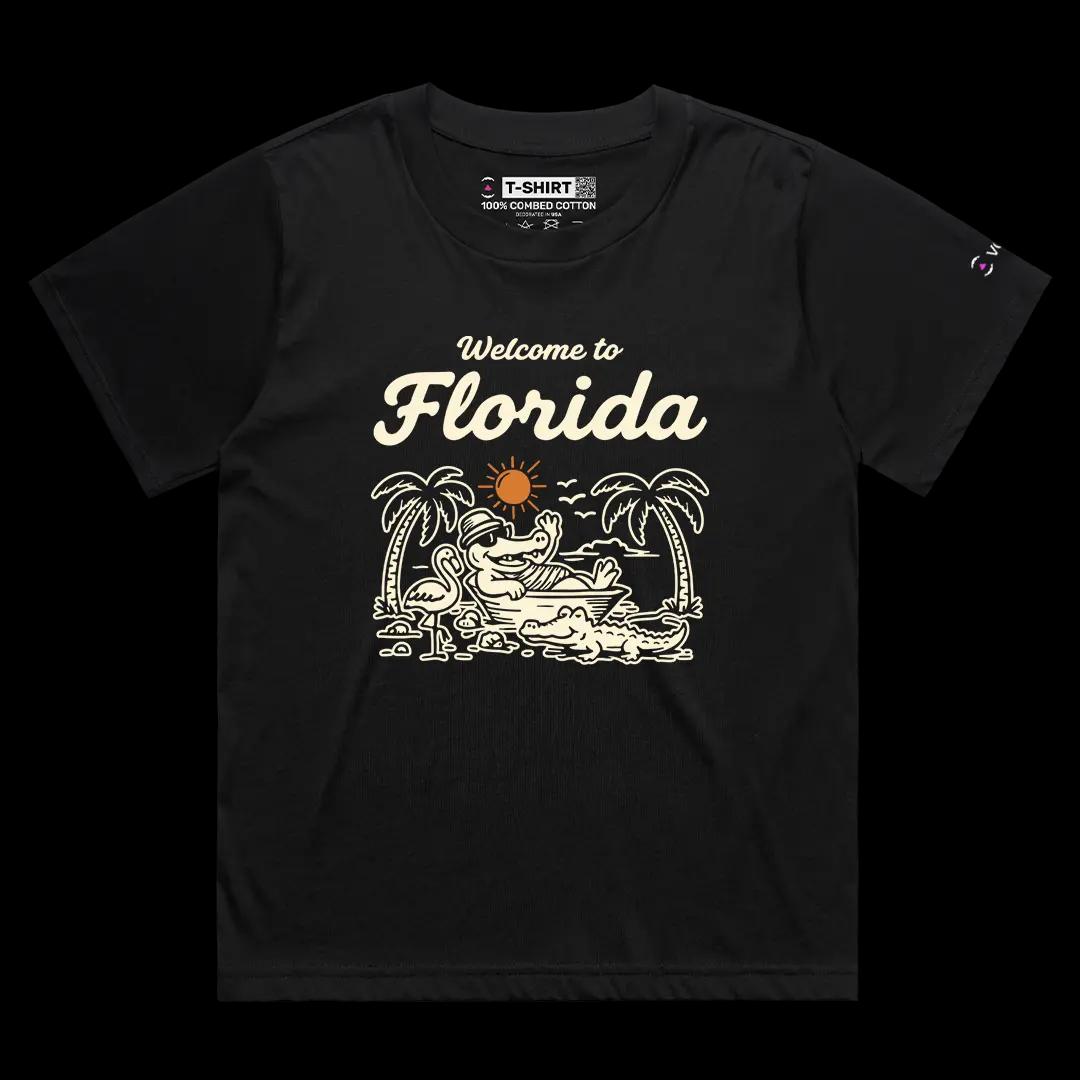 VOICEART Black Female Loose Florida Croc on the Beach Funny Graphic USA States Tee Short Cotton T-Shirt for Men and Women