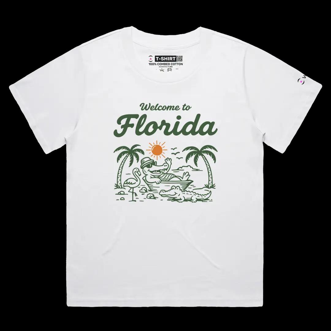 VOICEART White Female Loose Florida Croc on the Beach Funny Graphic USA States Tee Short Cotton T-Shirt for Men and Women