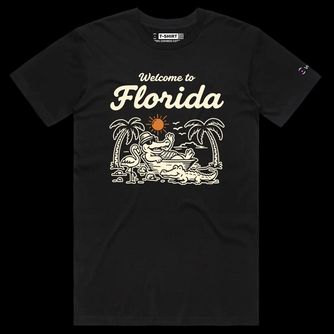 VOICEART Black Male Regular Florida Croc on the Beach Funny Graphic USA States Tee Short Cotton T-Shirt for Men and Women