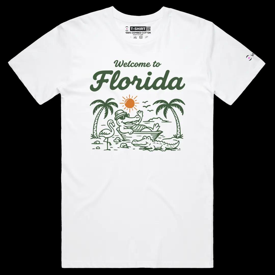 VOICEART White Male Regular Florida Croc on the Beach Funny Graphic USA States Tee Short Cotton T-Shirt for Men and Women