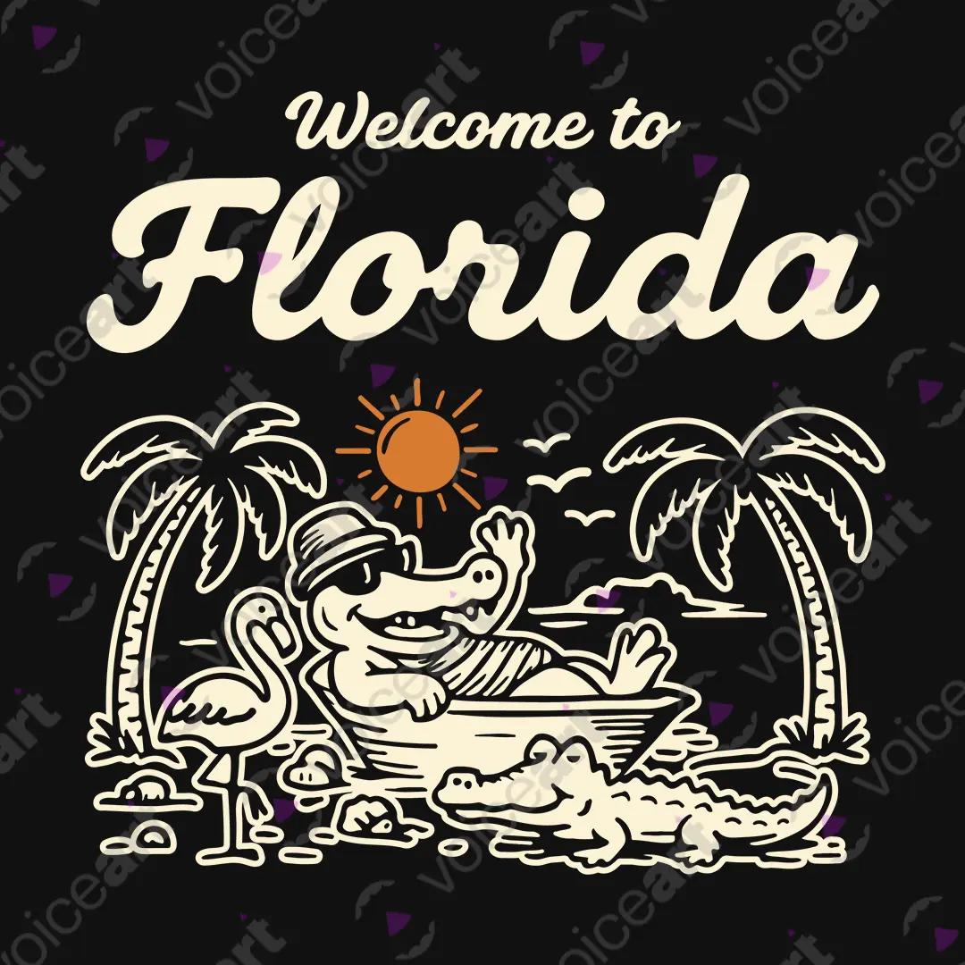 VOICEART Black Watermark Florida Croc on the Beach Funny Graphic USA States Tee Short Cotton T-Shirt for Men and Women