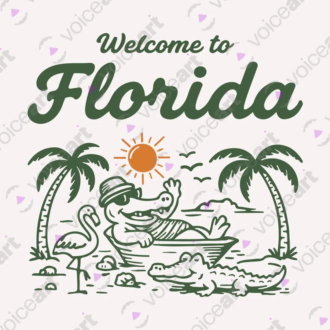 VOICEART White Watermark Florida Croc on the Beach Funny Graphic USA States Tee Short Cotton T-Shirt for Men and Women