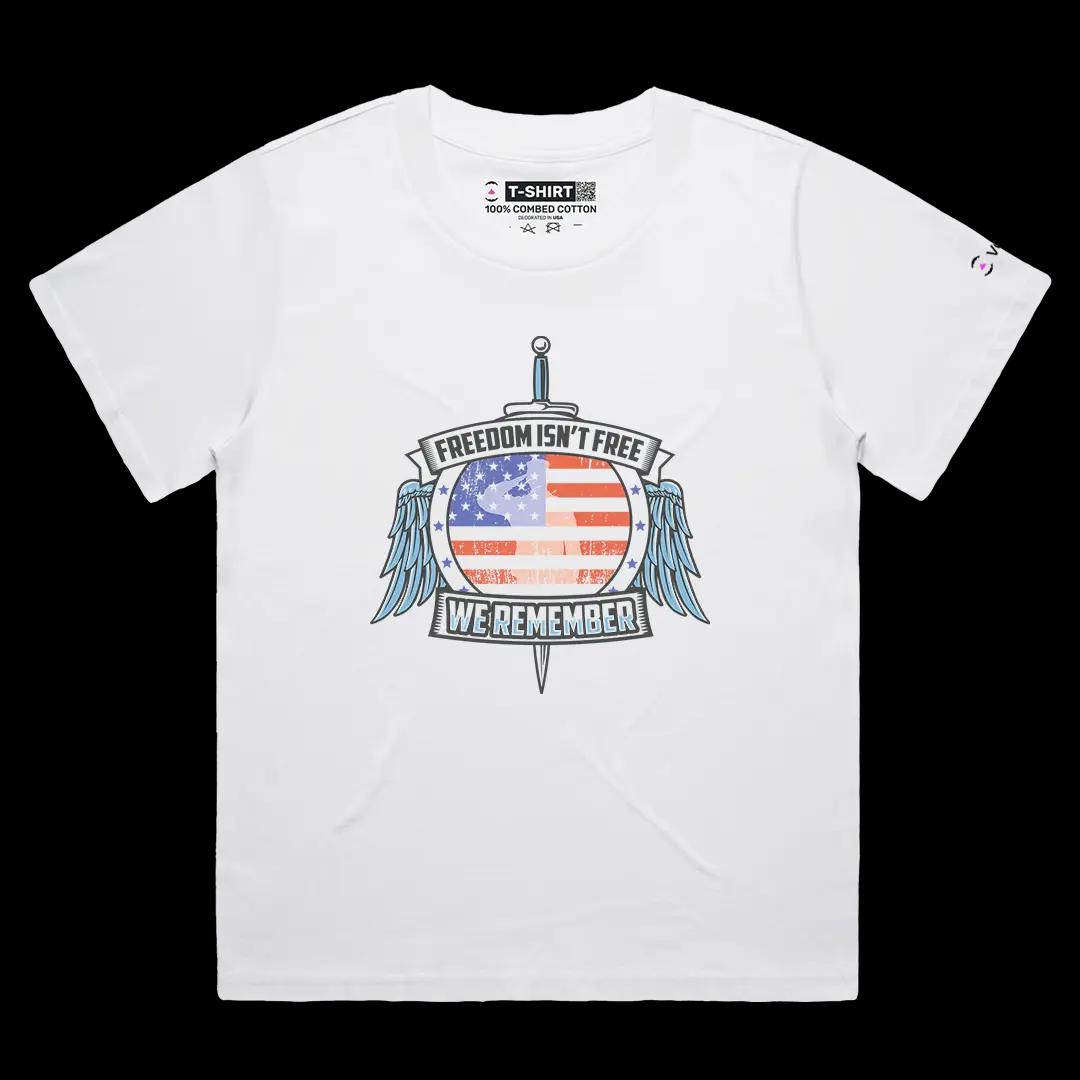 VOICEART White Female Loose Freedom Is Not Free Patriotic Graphic Tee for US Holidays Short Sleeve Shirt for Men and Women