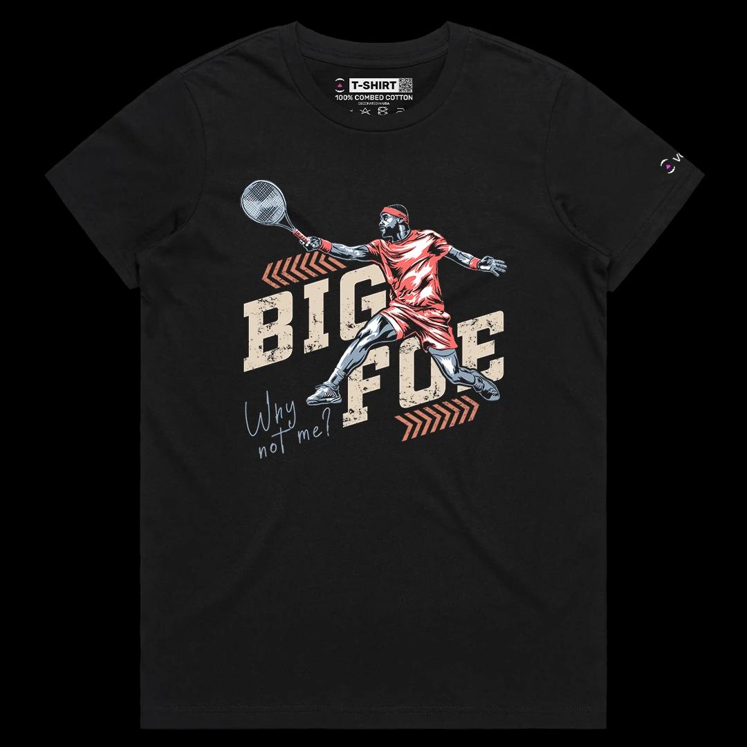 VOICEART Black Female Regular Tiafoe The Big Foe Sports Graphic Tee for Tennis Fans Short Sleeve T-Shirt for Men and Women