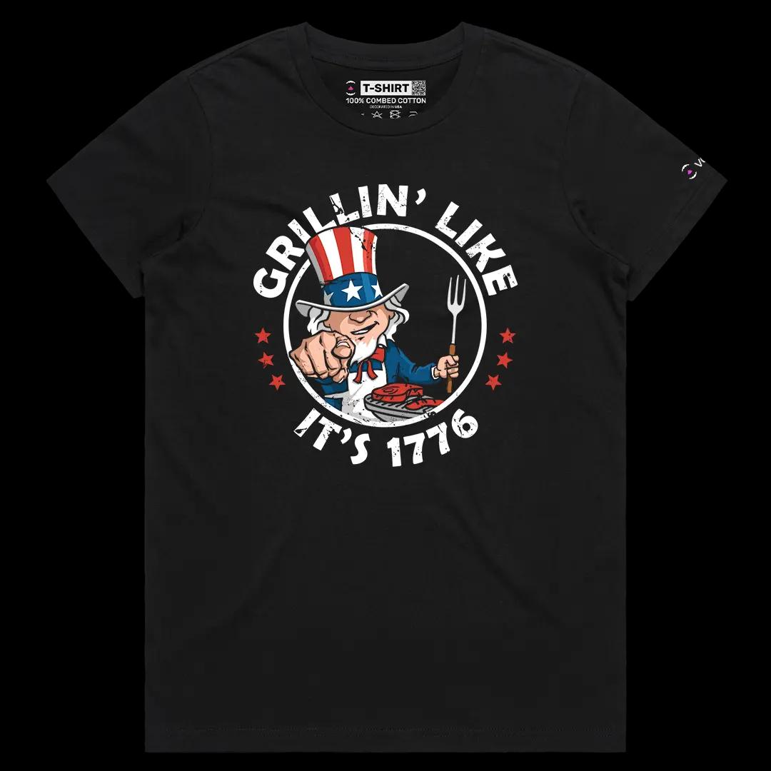 VOICEART Black Female Regular Grillin Like Its 1776 Independence Day USA Flag Graphic Tee Short Sleeve T-Shirt Men and Women