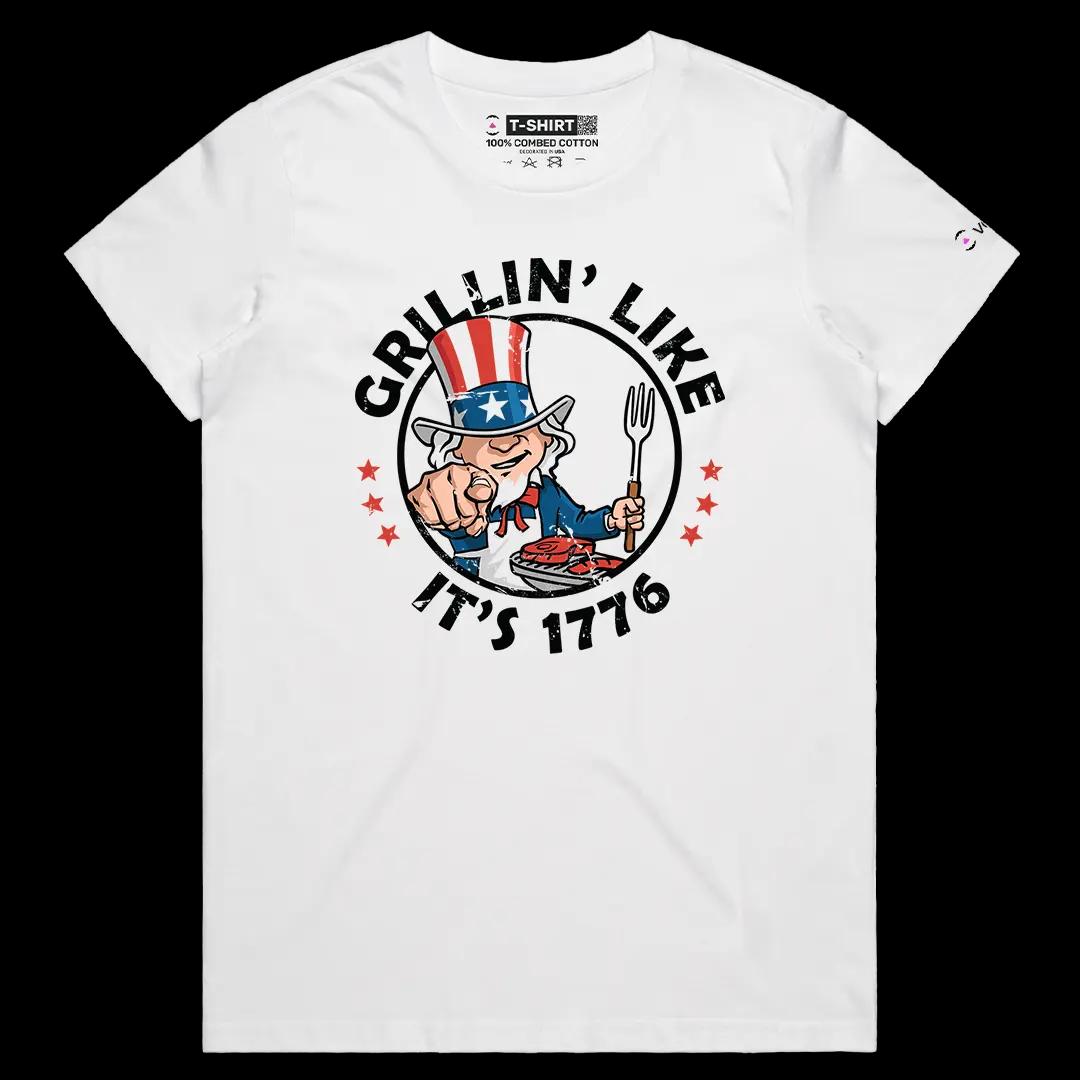 VOICEART White Female Regular Grillin Like Its 1776 Independence Day USA Flag Graphic Tee Short Sleeve T-Shirt Men and Women