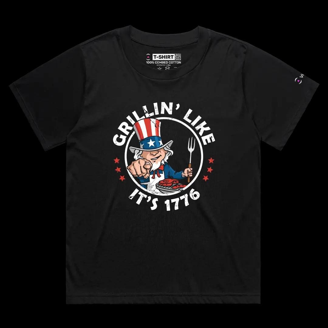 VOICEART Black Female Loose Grillin Like Its 1776 Independence Day USA Flag Graphic Tee Short Sleeve T-Shirt Men and Women