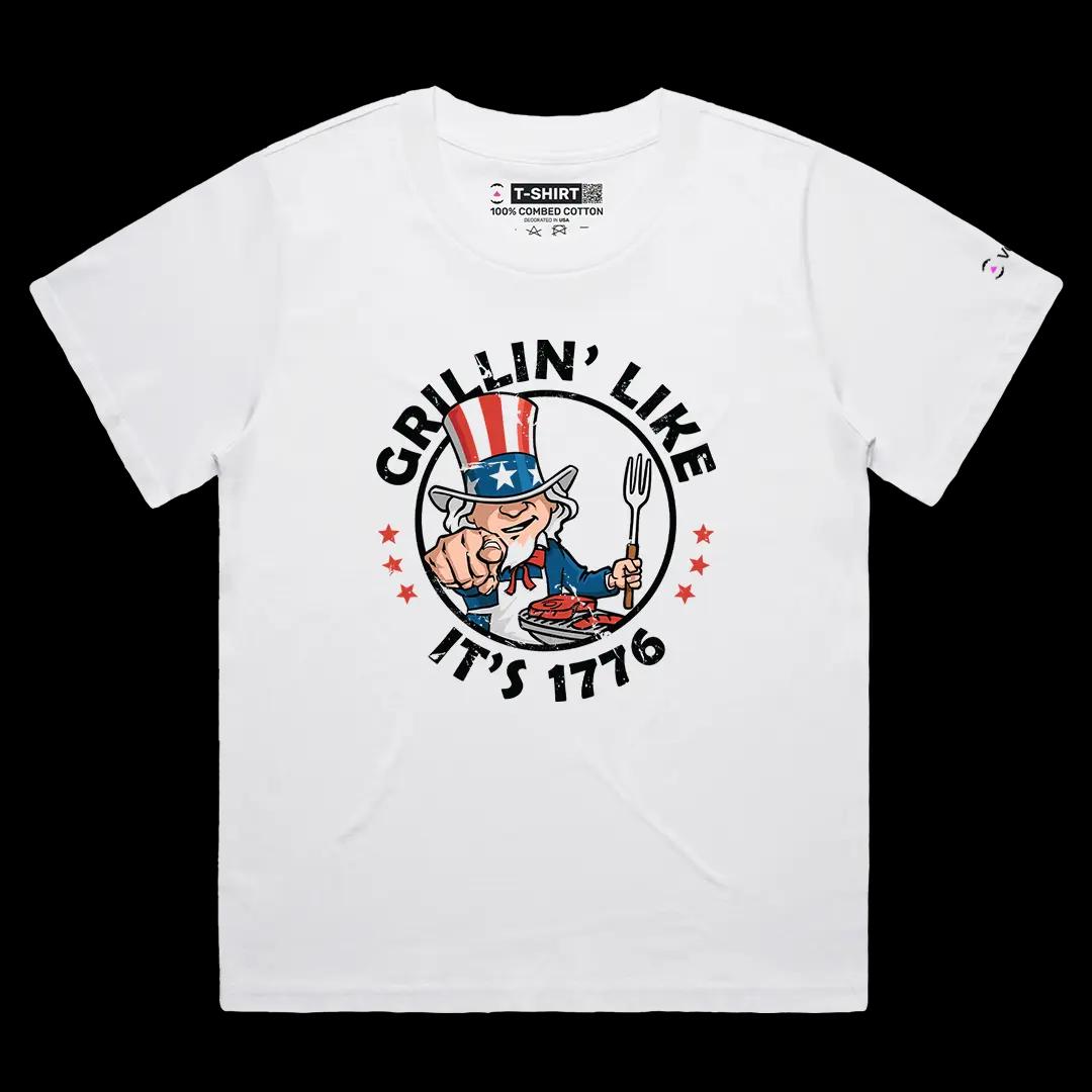 VOICEART White Female Loose Grillin Like Its 1776 Independence Day USA Flag Graphic Tee Short Sleeve T-Shirt Men and Women