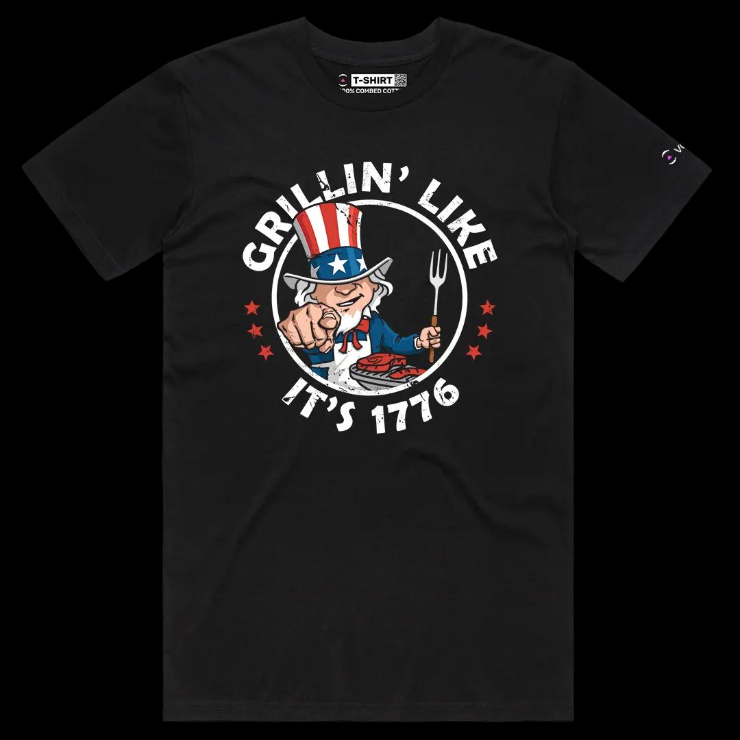VOICEART Black Male Regular Grillin Like Its 1776 Independence Day USA Flag Graphic Tee Short Sleeve T-Shirt Men and Women