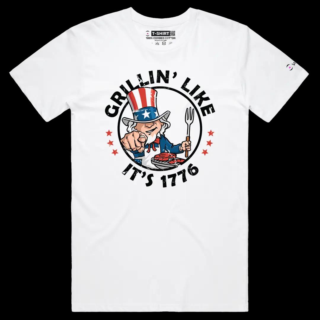 VOICEART White Male Regular Grillin Like Its 1776 Independence Day USA Flag Graphic Tee Short Sleeve T-Shirt Men and Women